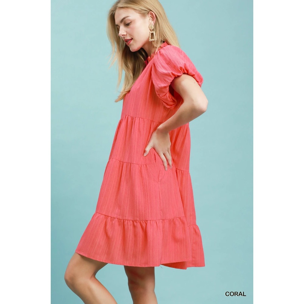 Umgee Puff Sleeve Tiered Babydoll Dress - Coral - Small - Picture 2 of 5
